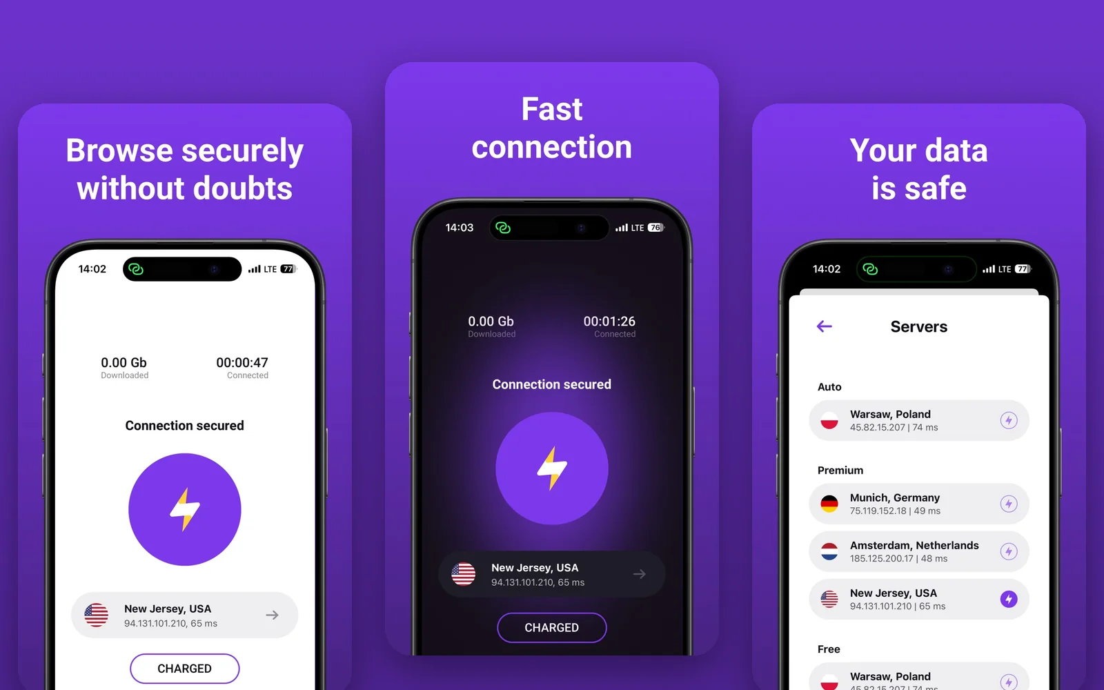 Volt VPN screens: connection status and server list